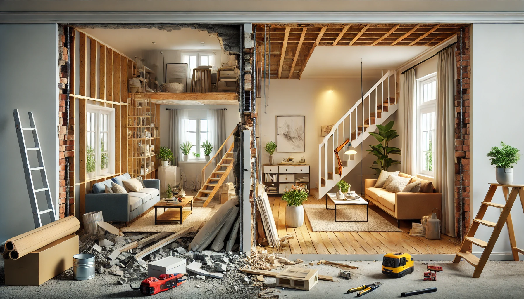 DALL·E 2024 11 27 15.00.16 A realistic depiction of a home renovation showing the process of opening a load bearing wall in a house. The scene includes a cozy living room being 1 2